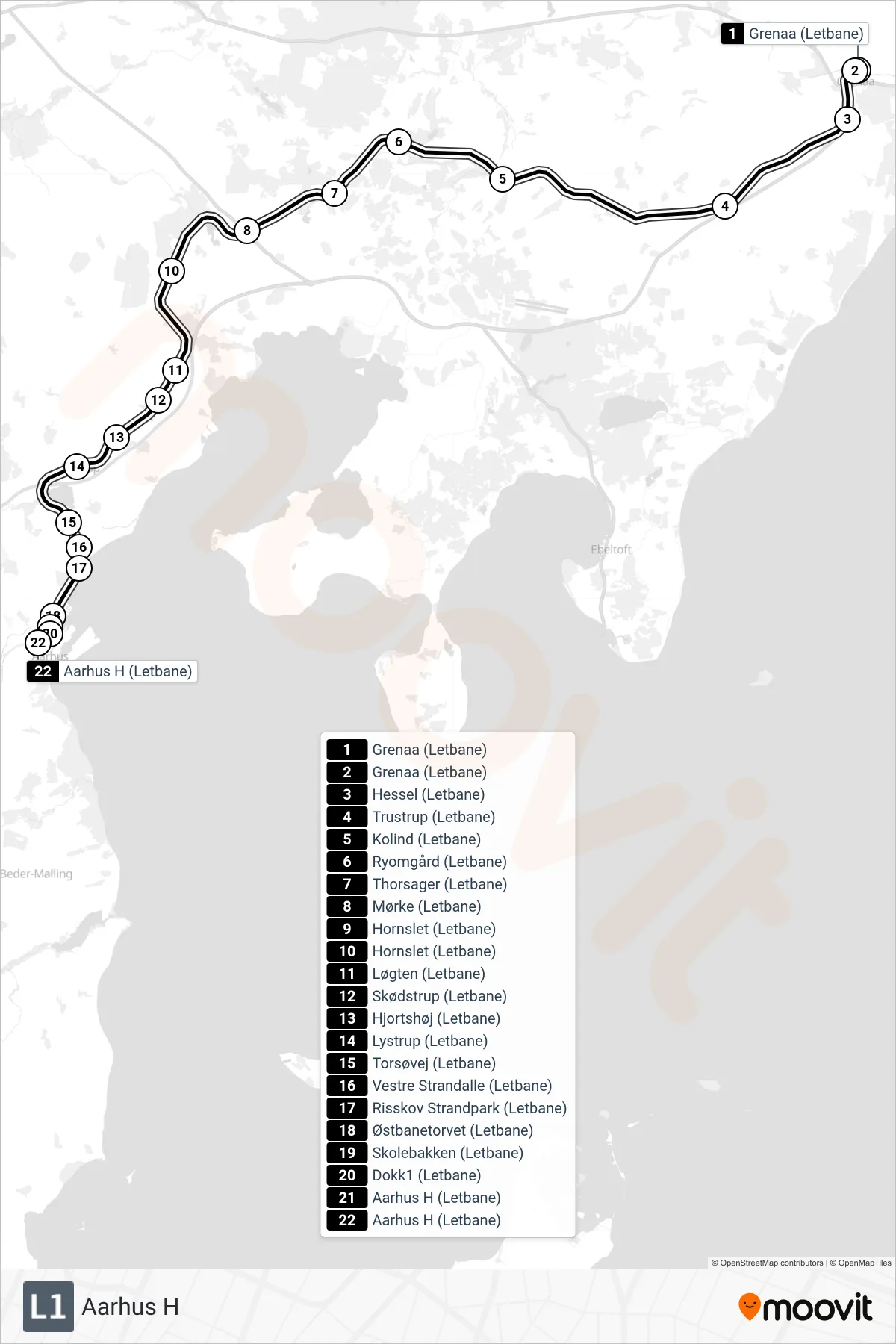 L1 bybane Linje (Aarhus H) rute og stop på et kort