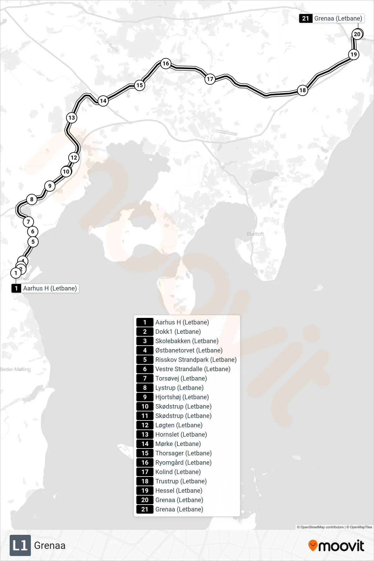 L1 light rail Line (Grenaa) route and stops on a map