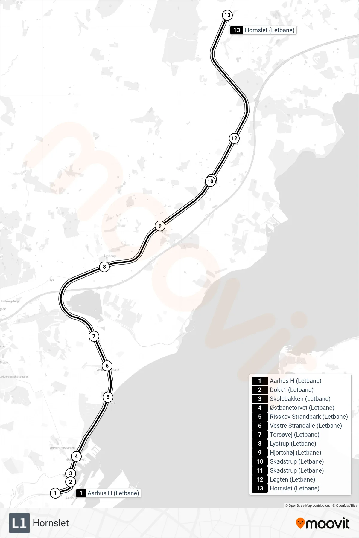 L1 bybane Linje (Hornslet) rute og stop på et kort