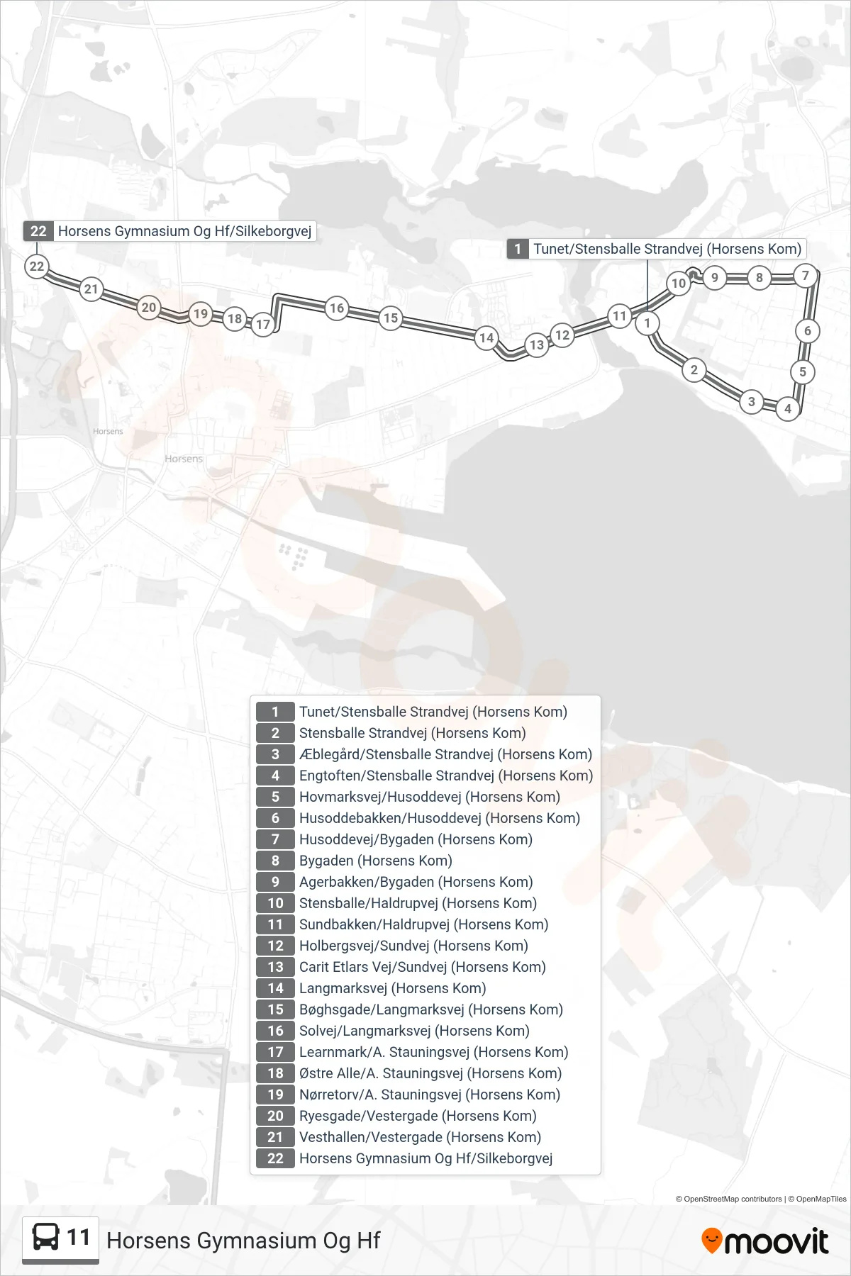11 bus Linje (Horsens Gymnasium Og Hf) rute og stop på et kort