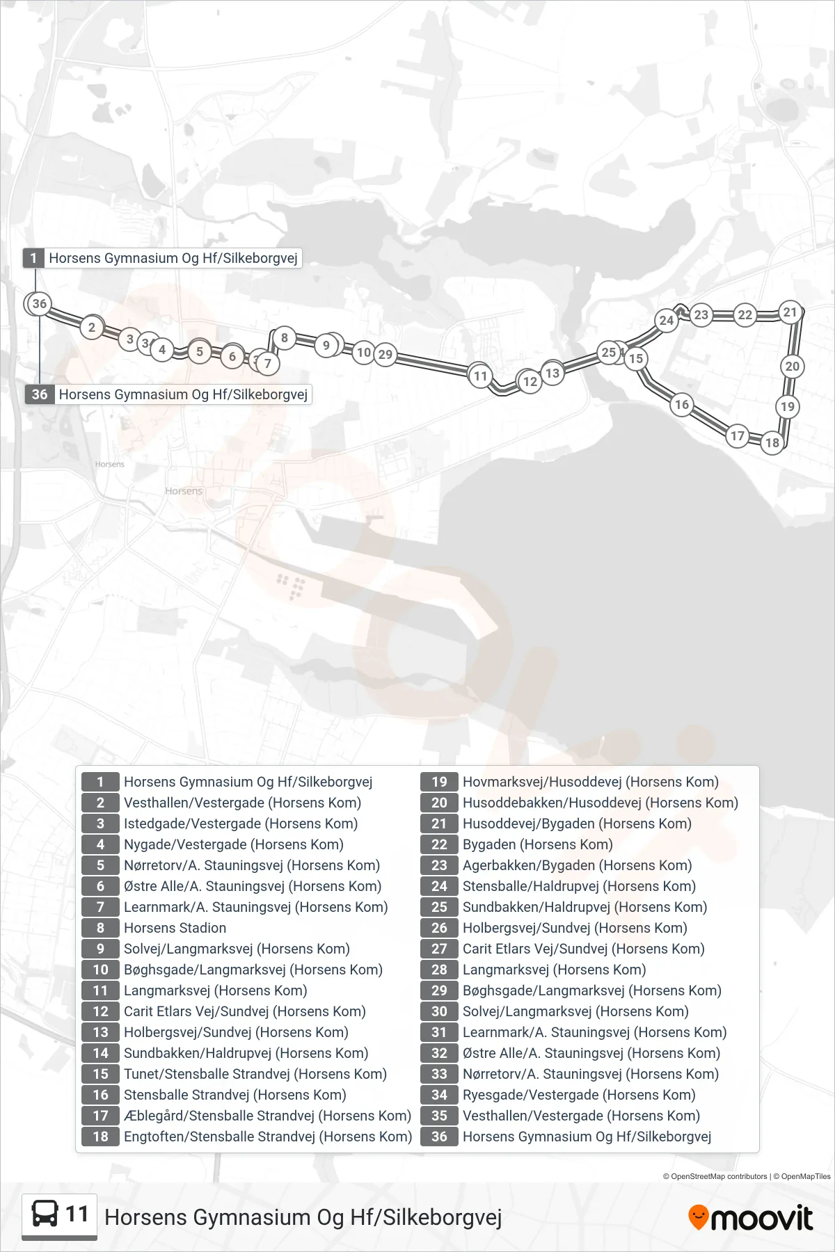 11 bus Linje (Horsens Gymnasium Og Hf/Silkeborgvej) rute og stop på et kort