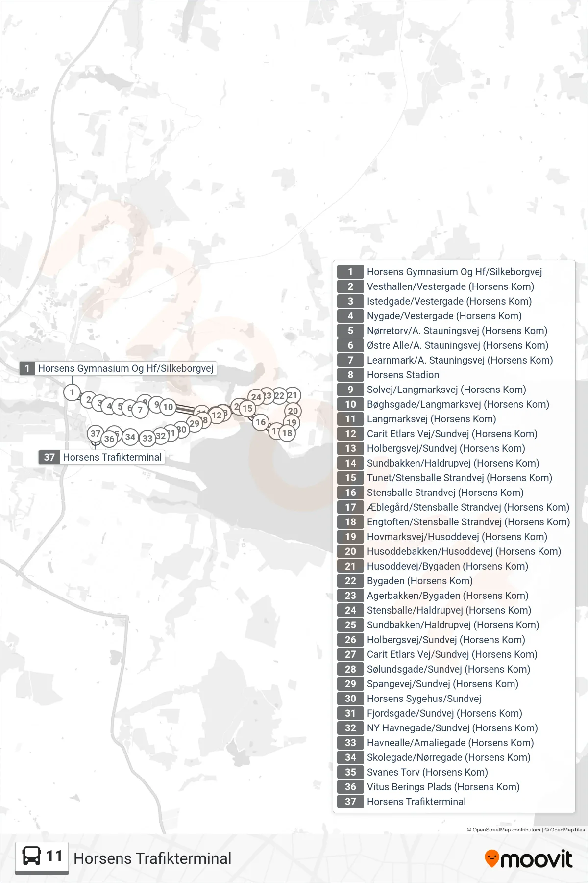 11 bus Line (Horsens Trafikterminal) route and stops on a map