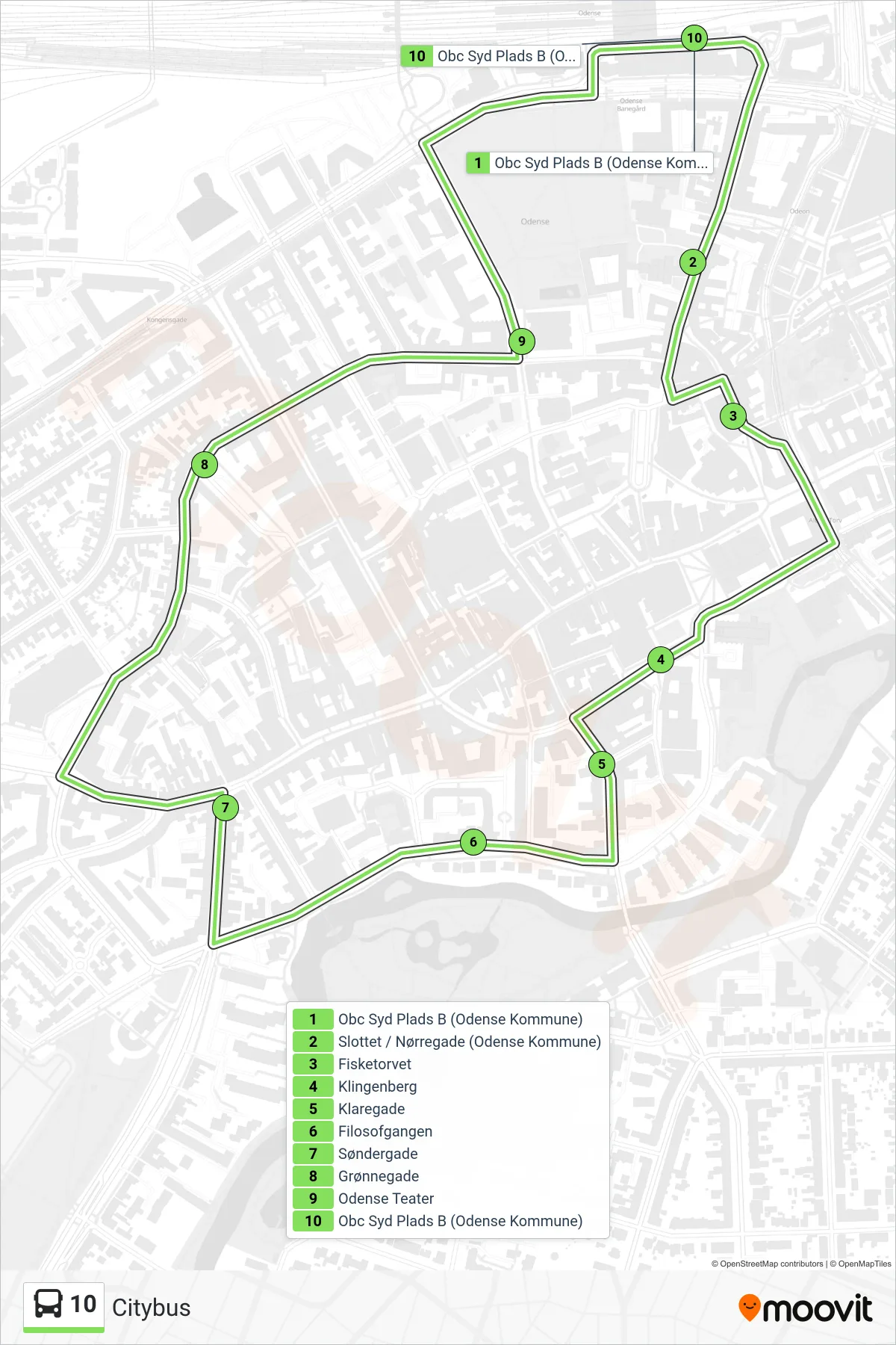 10 bus Linje (Citybus) rute og stop på et kort