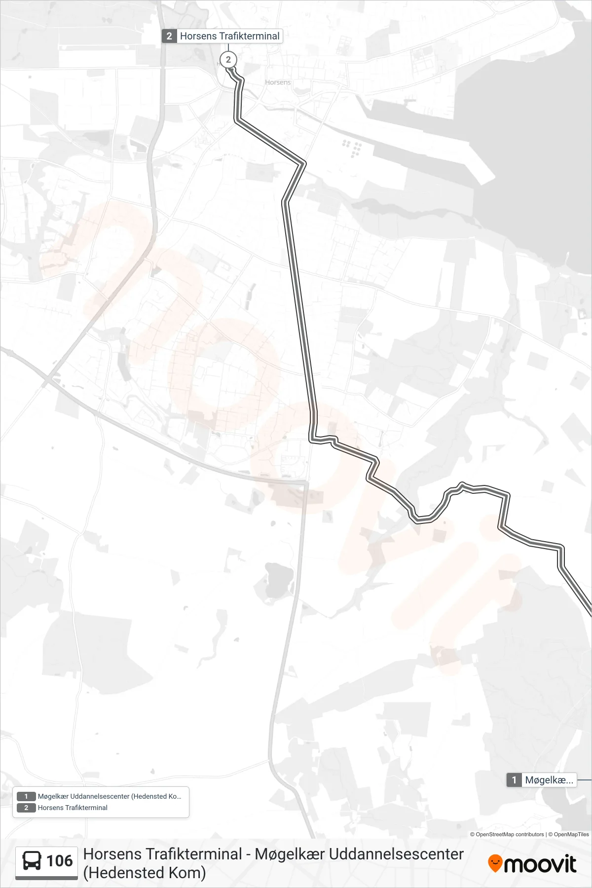 106 bus Linje (Horsens Trafikterminal) rute og stop på et kort