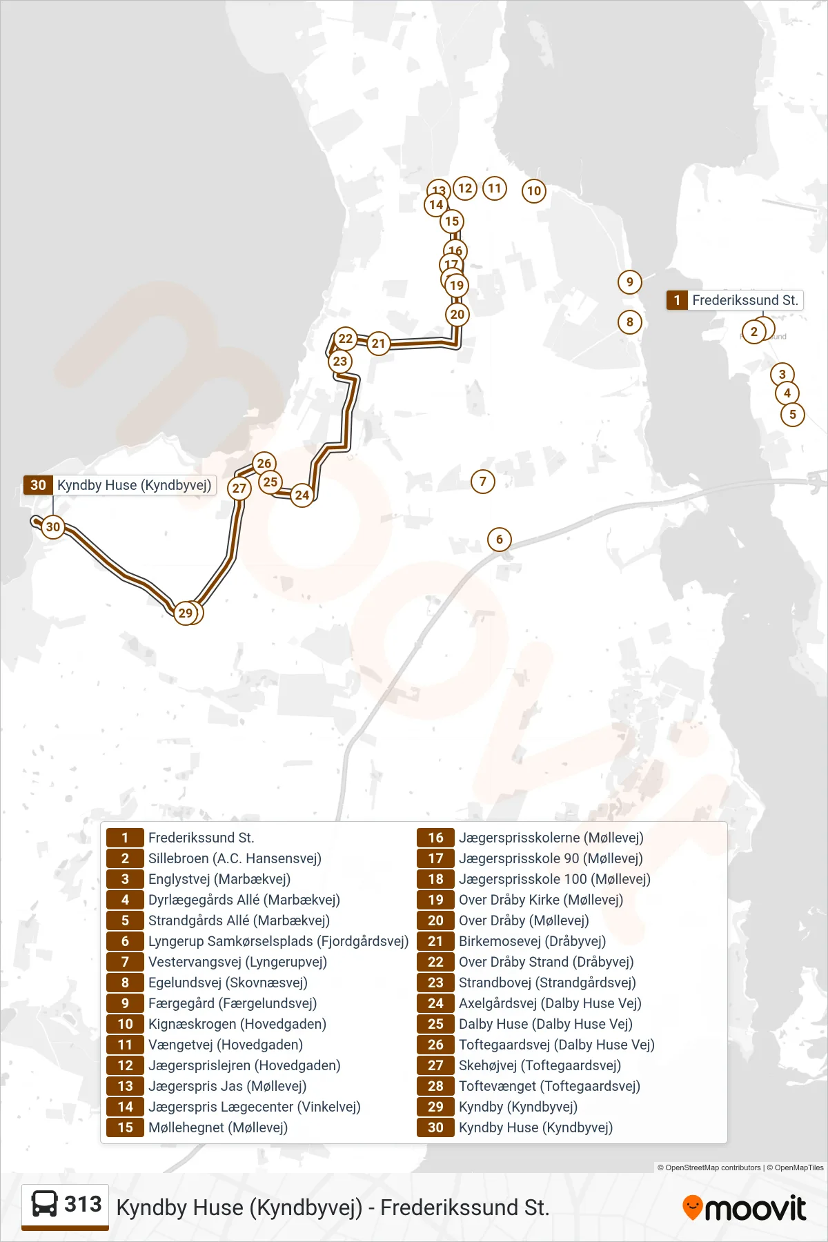 313 bus Linje (Kyndby Huse) rute og stop på et kort