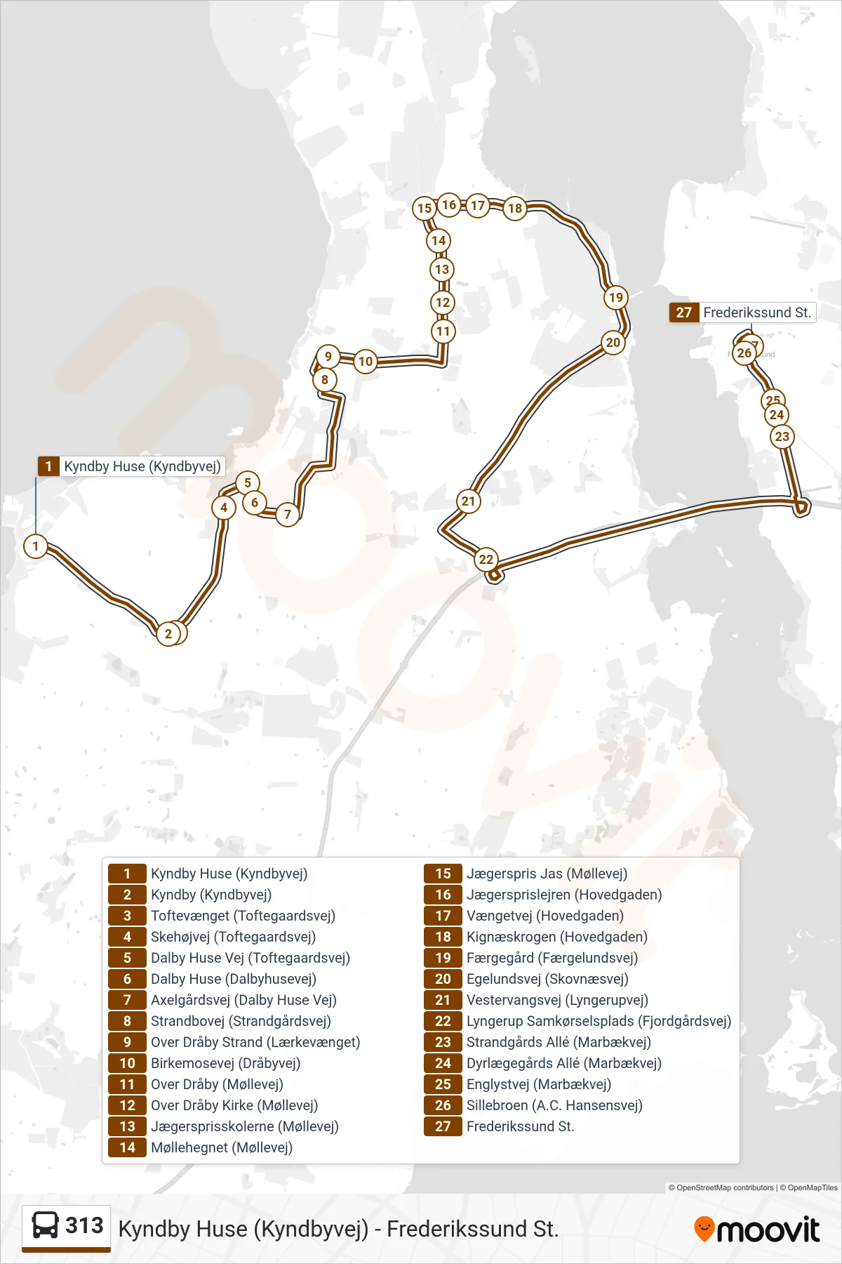 313 bus Linje (Frederikssund St.) rute og stop på et kort