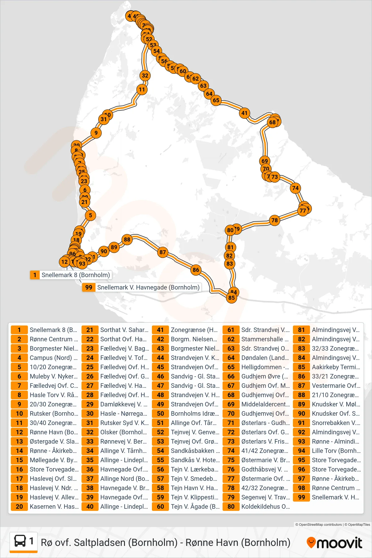 1 bus Linje (Hasle-Allinge-Gudhjem-Aakirkeby-Rønne) rute og stop på et kort