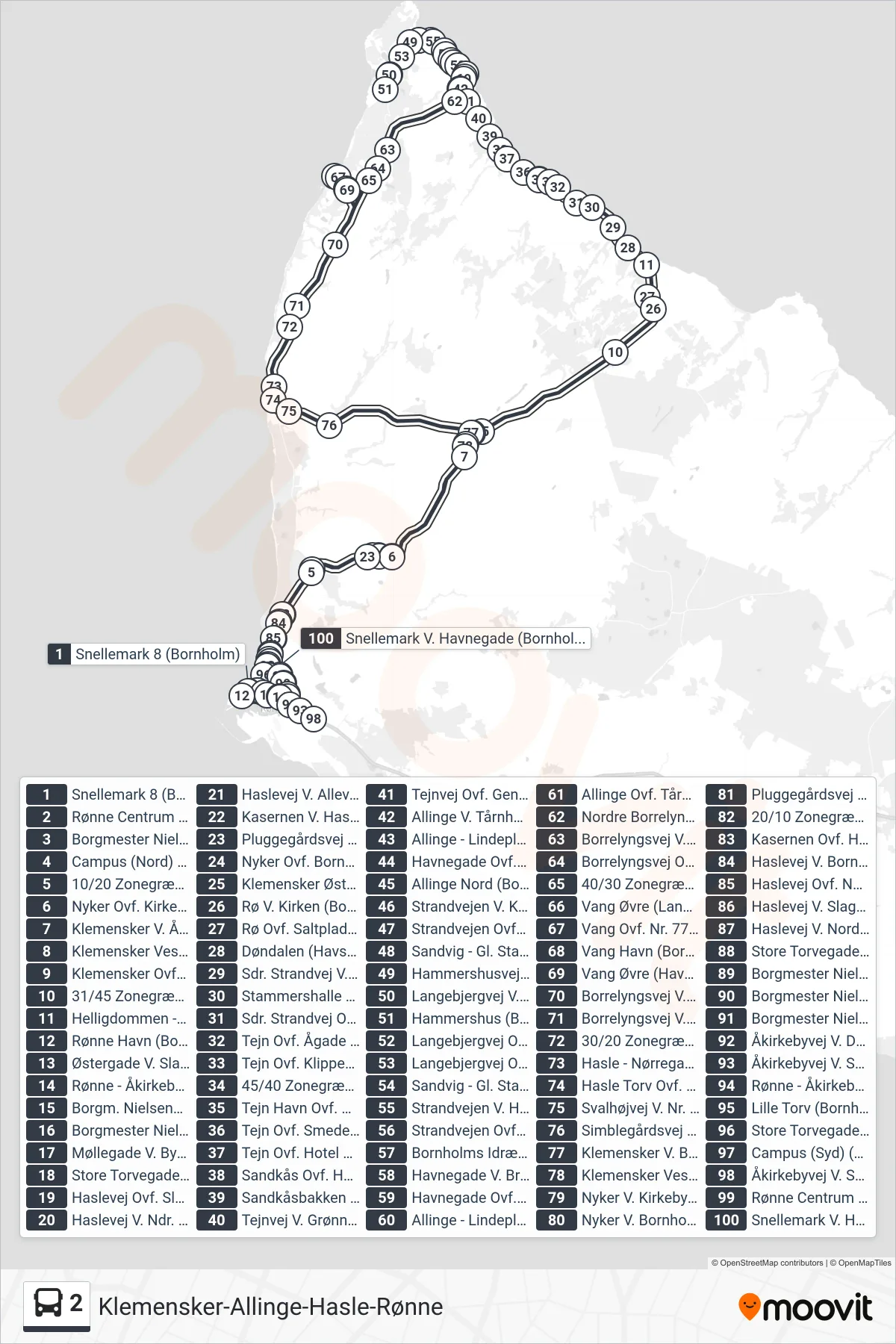 2 bus Linje (Klemensker-Allinge-Hasle-Rønne) rute og stop på et kort