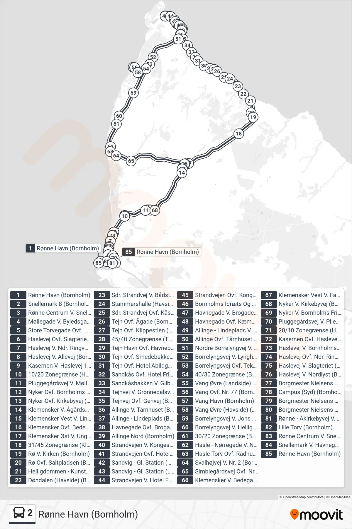 2 bus Linje (Rønne Havn (Bornholm)) rute og stop på et kort