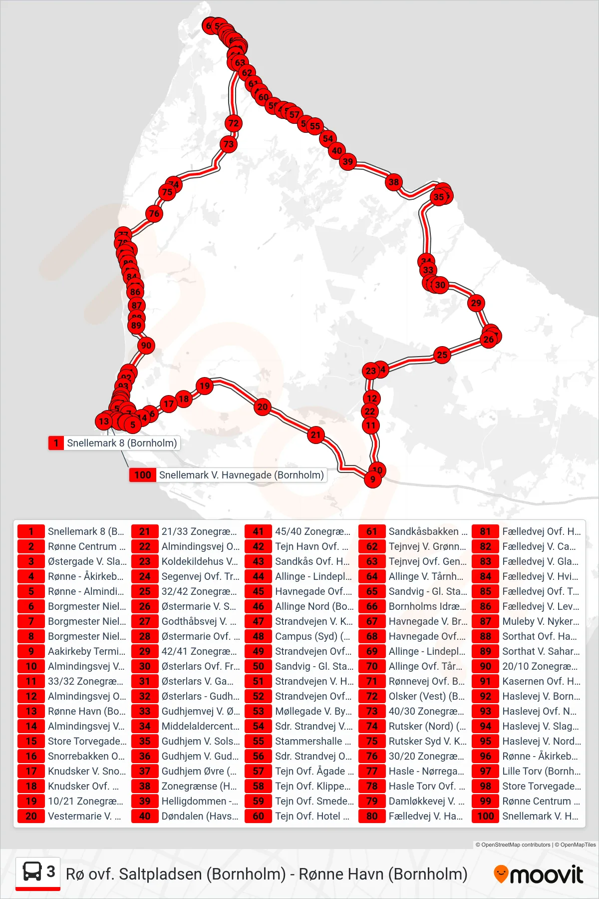 3 bus Linje (Vestermarie-Aakirkeby-Gudhjem-Allinge-Rønne) rute og stop på et kort