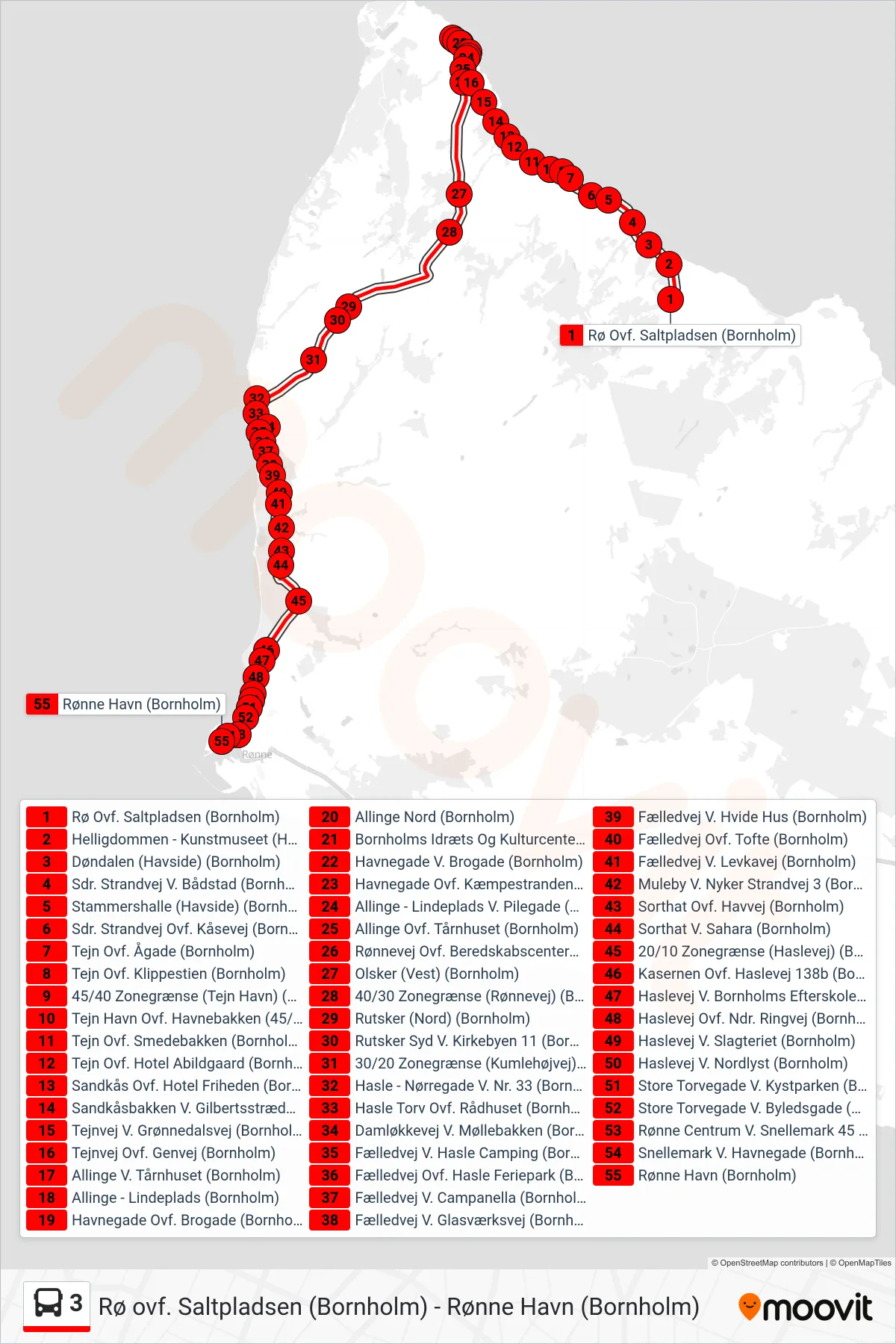 3 bus Linje (Rønne Havn (Bornholm)) rute og stop på et kort