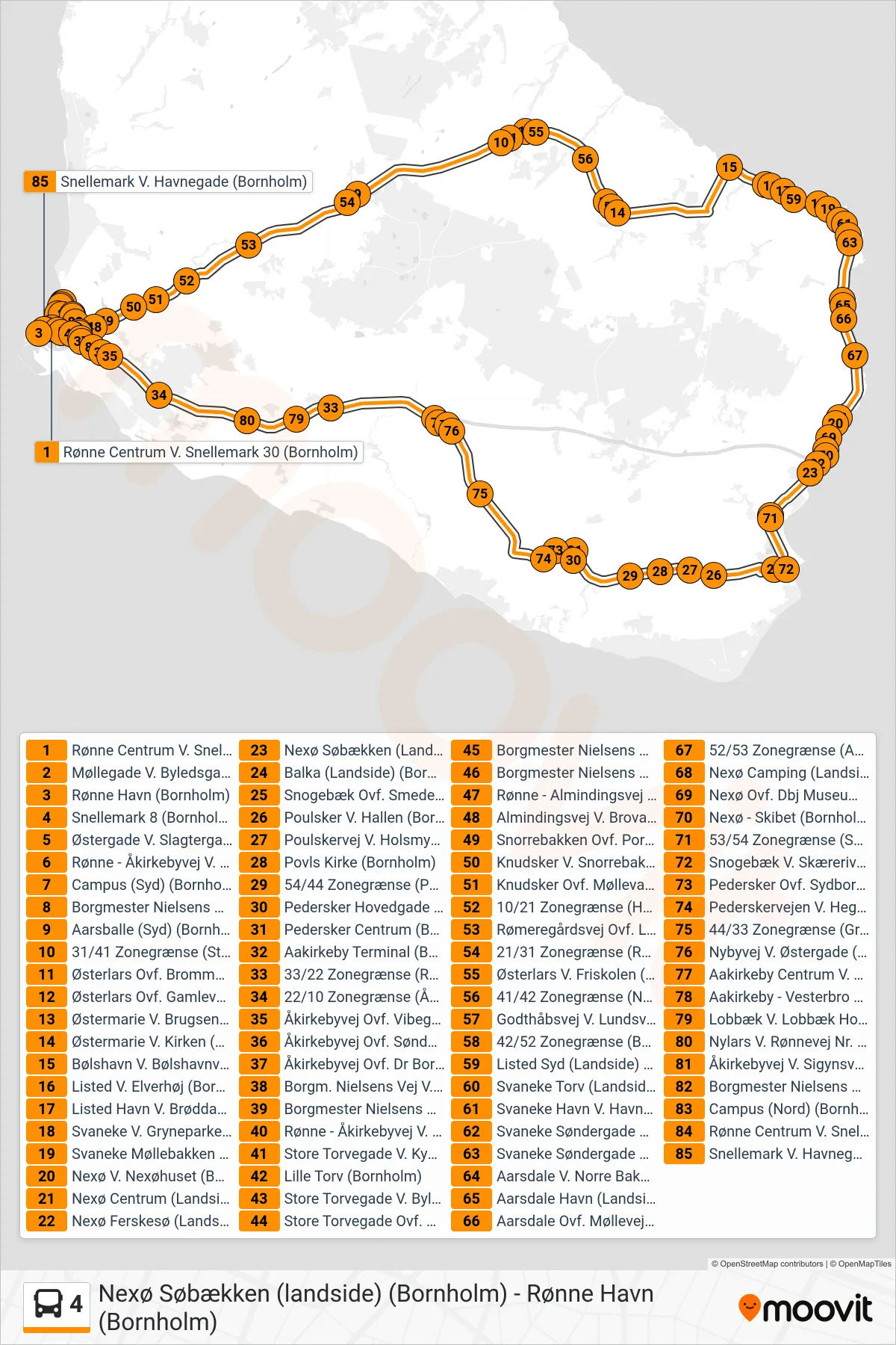 4 bus Linje (Østermarie-Svaneke-Snogebæk-Rønne) rute og stop på et kort