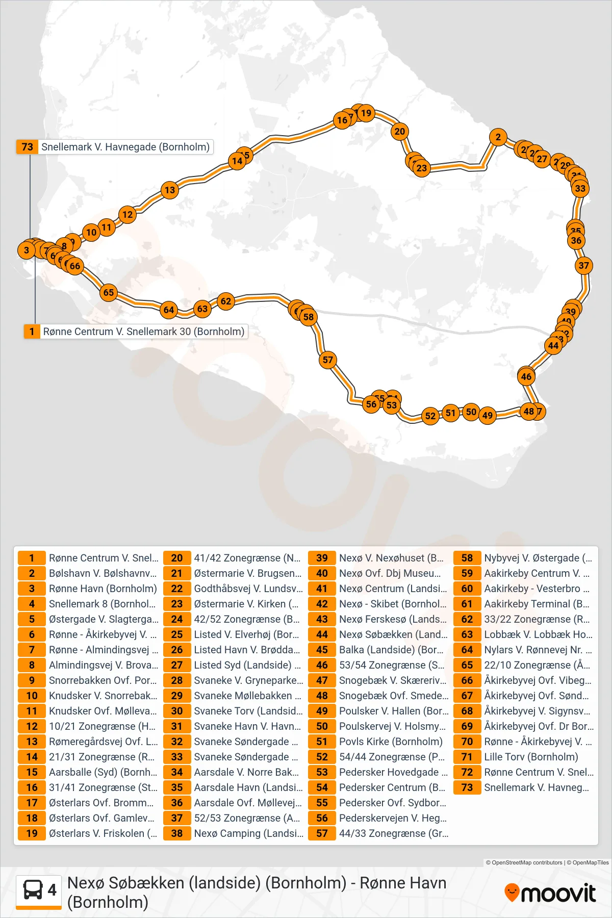 4 bus Linje (Rønne Havn (Bornholm)) rute og stop på et kort