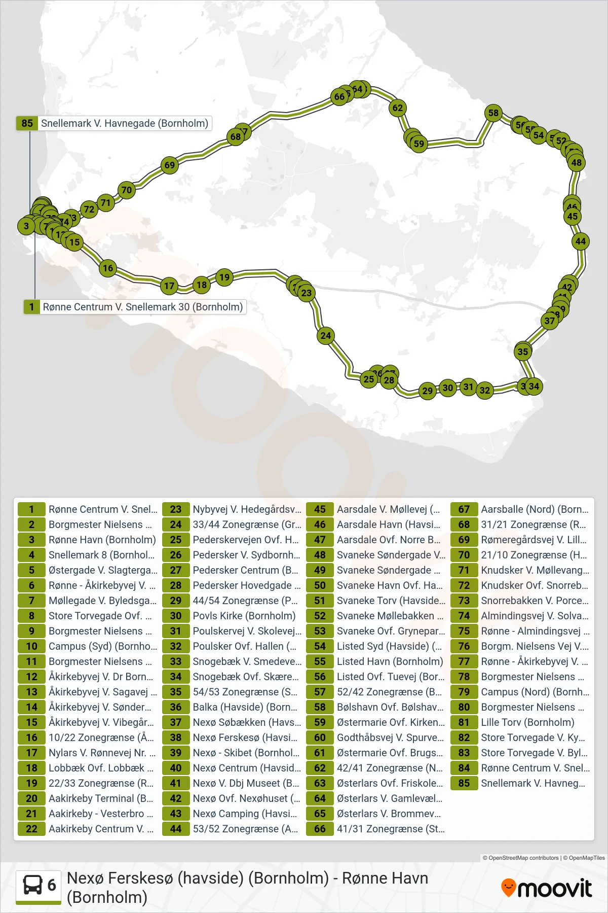 6 bus Line (Aakirkeby-Snogebæk-Svaneke-Rønne) route and stops on a map