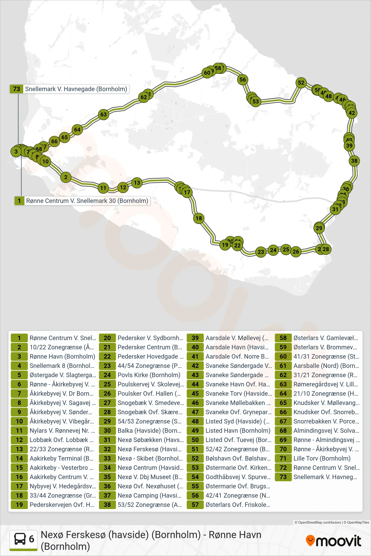 6 bus Linje (Rønne Havn (Bornholm)) rute og stop på et kort
