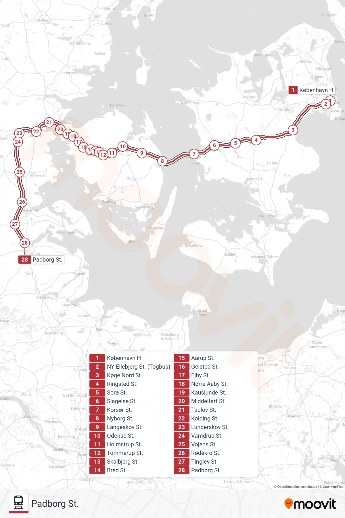 ICL jernbane Linje (Padborg St.) rute og stop på et kort