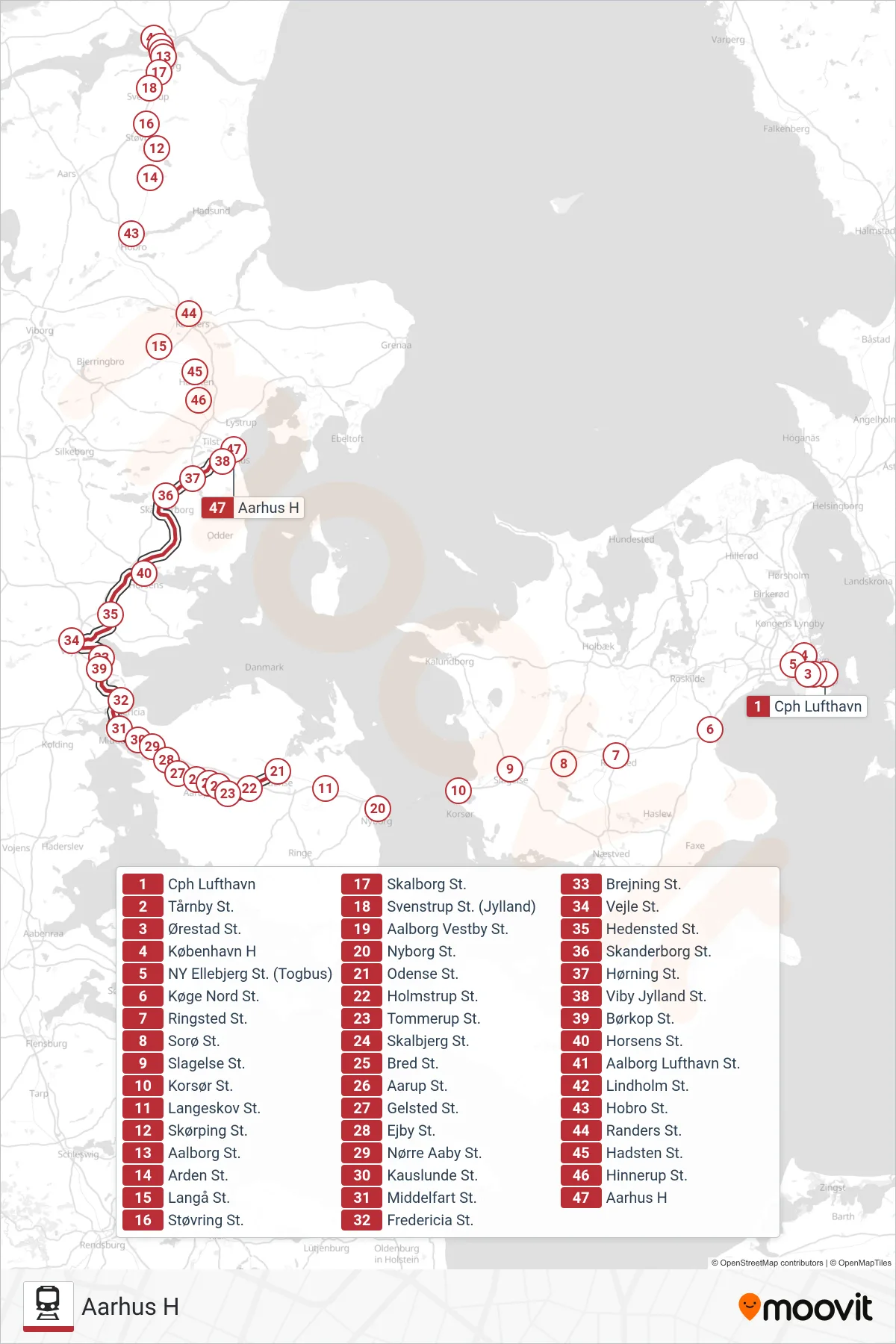 ICL jernbane Linje (Aarhus H) rute og stop på et kort
