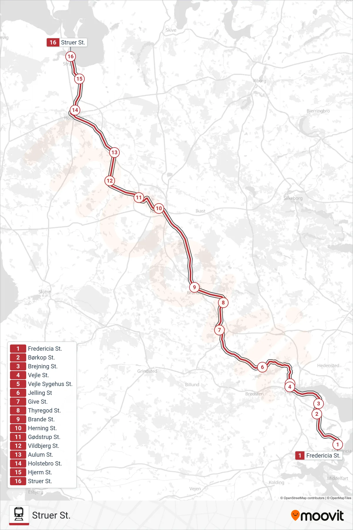 ICL jernbane Linje (Struer St.) rute og stop på et kort