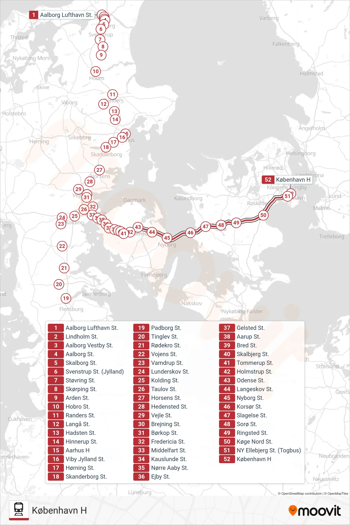 ICL jernbane Linje (København H) rute og stop på et kort