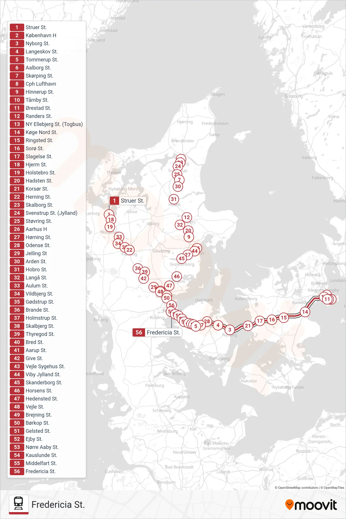 ICL jernbane Linje (Fredericia St.) rute og stop på et kort