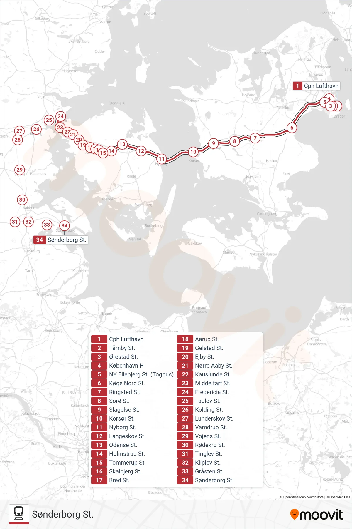 ICL jernbane Linje (Sønderborg St.) rute og stop på et kort
