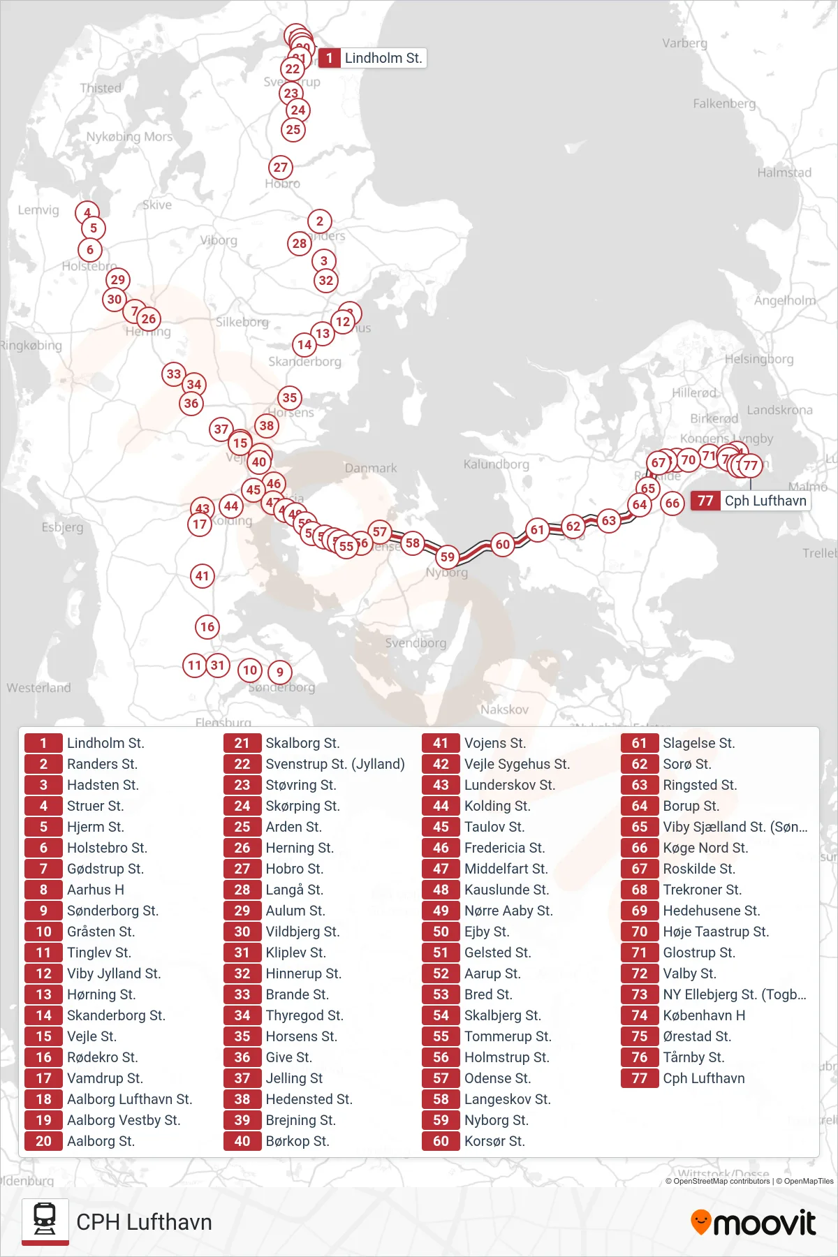 ICL jernbane Linje (CPH Lufthavn) rute og stop på et kort