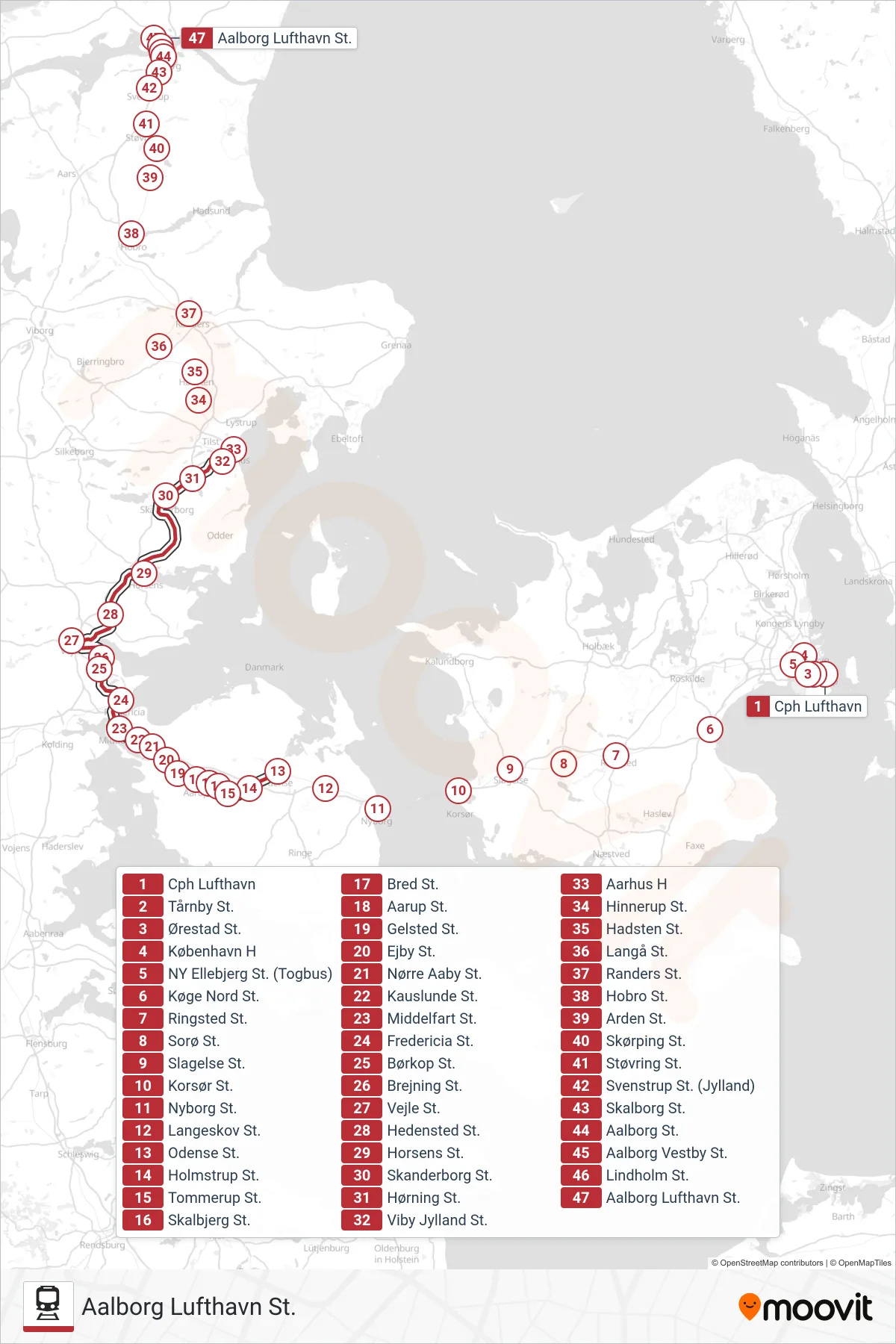 ICL jernbane Linje (Aalborg Lufthavn St.) rute og stop på et kort