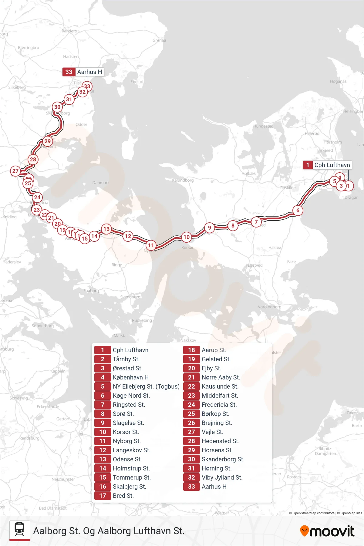 ICL jernbane Linje (Aalborg St. Og Aalborg Lufthavn St.) rute og stop på et kort