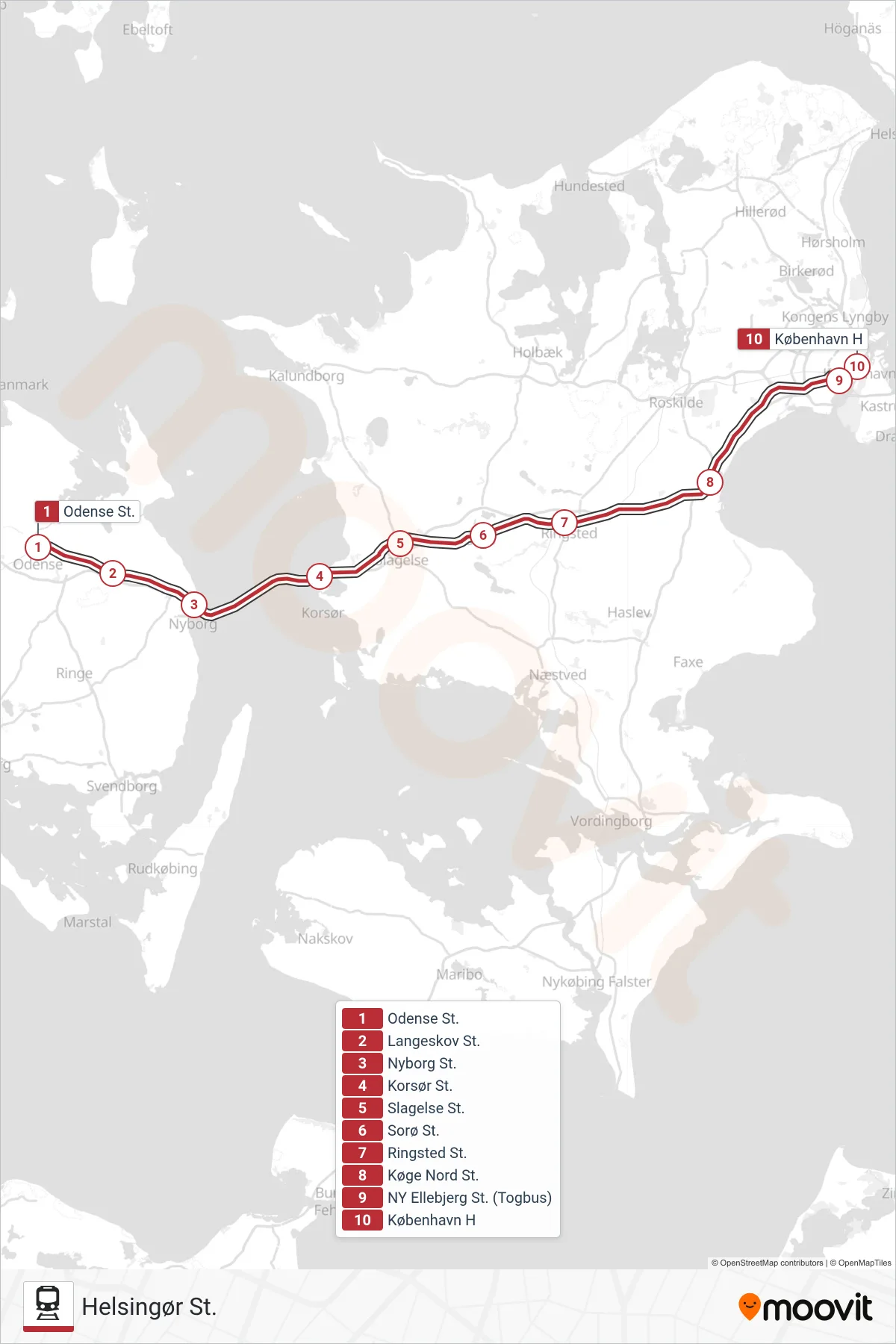 ICL train Line (Helsingør St.) route and stops on a map