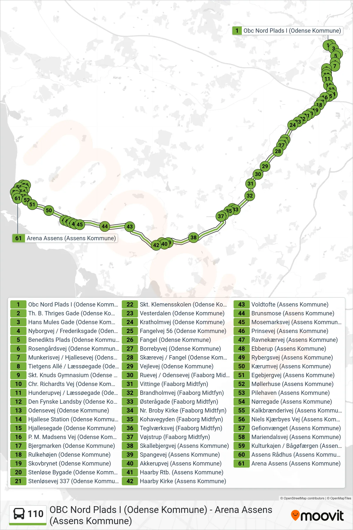 110 bus Linje (Assens) rute og stop på et kort