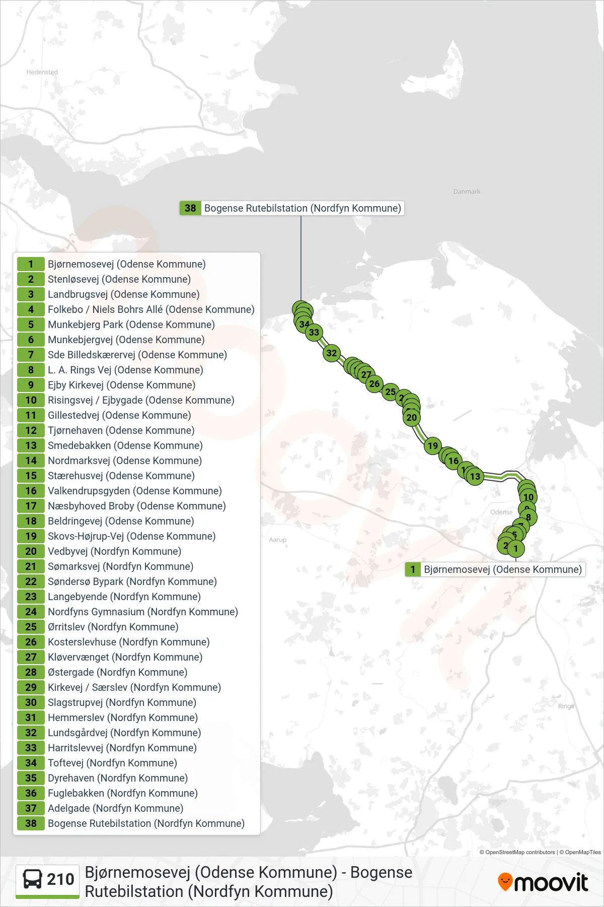 210 bus Line (Bogense) route and stops on a map