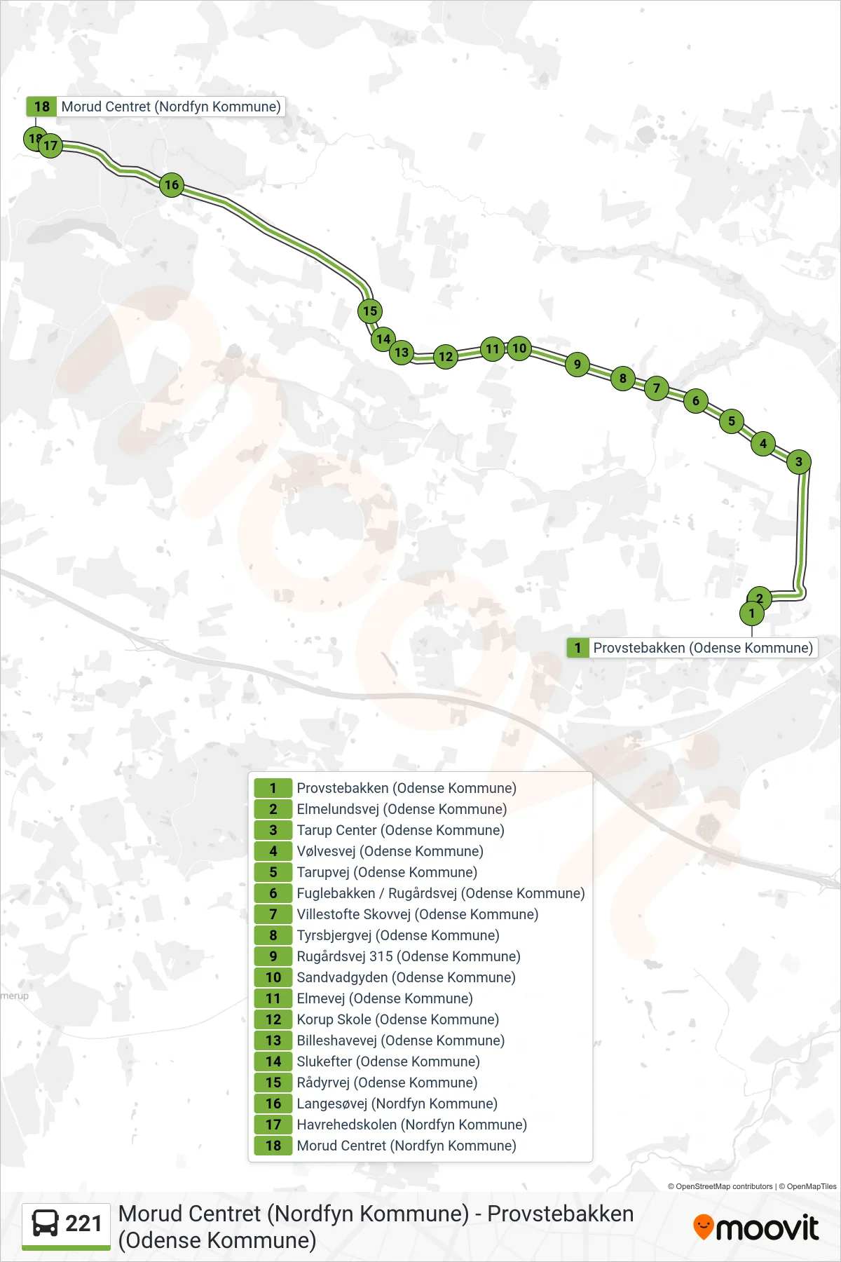 221 bus Linje (Morud) rute og stop på et kort