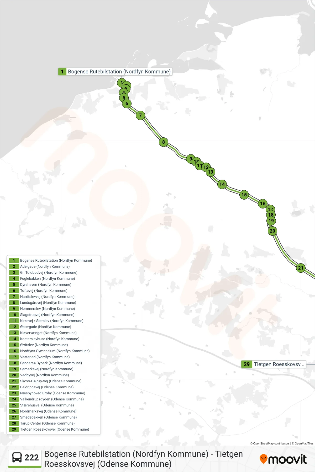 222 bus Linje (Tietgen Bolbro) rute og stop på et kort