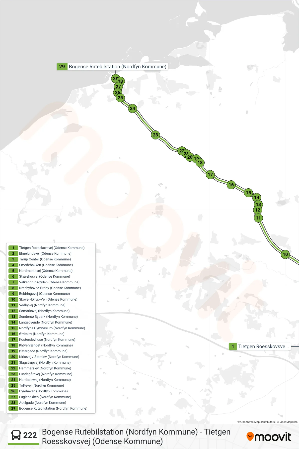 222 bus Linje (Bogense) rute og stop på et kort
