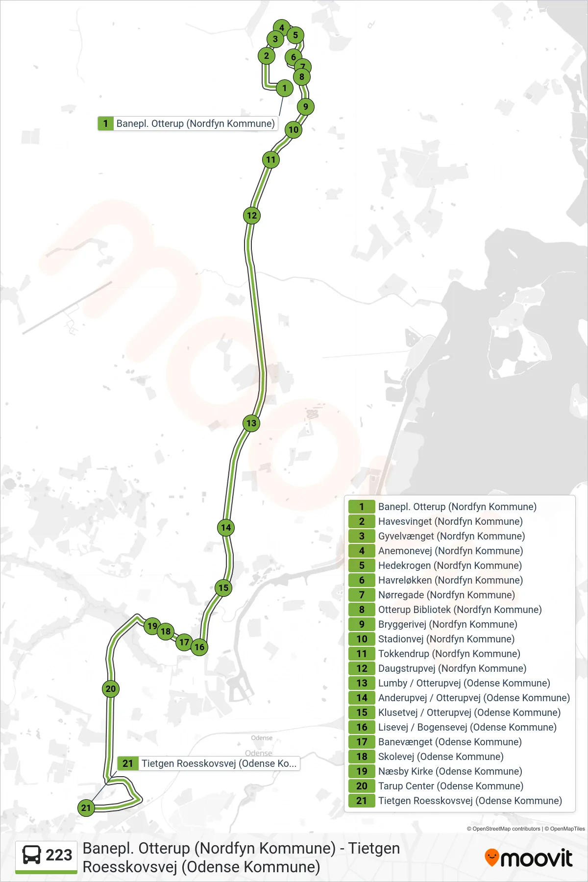223 bus Linje (Tietgen Bolbro) rute og stop på et kort