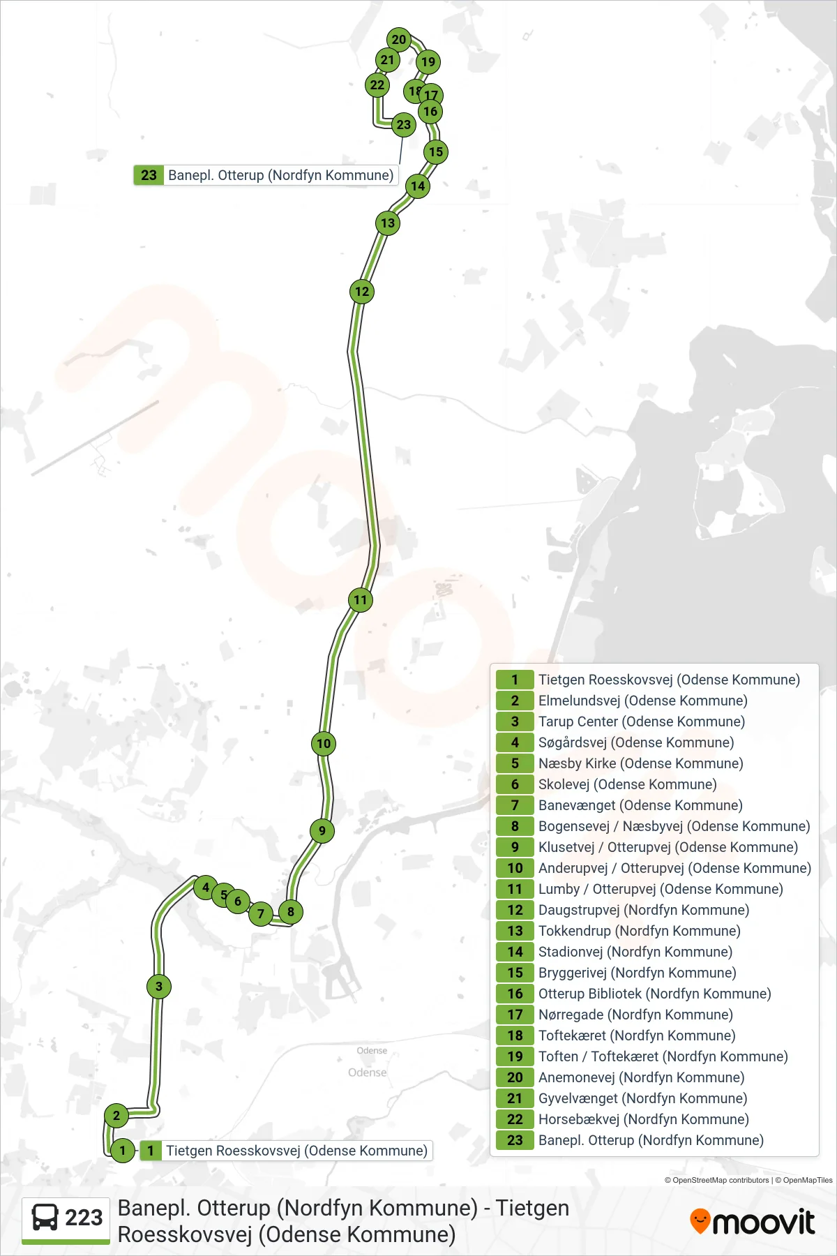 223 bus Linje (Otterup) rute og stop på et kort