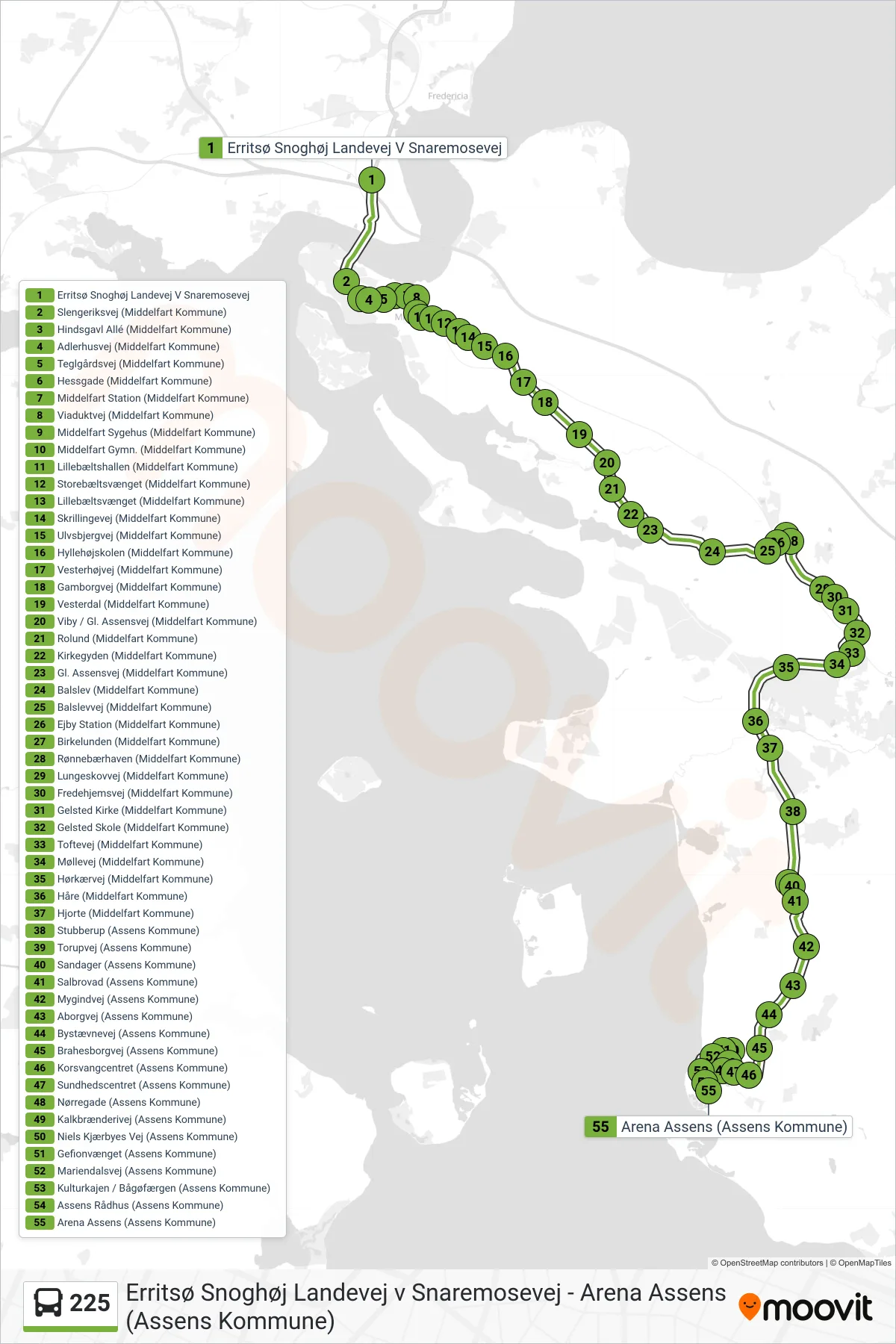225 bus Linje (Assens) rute og stop på et kort