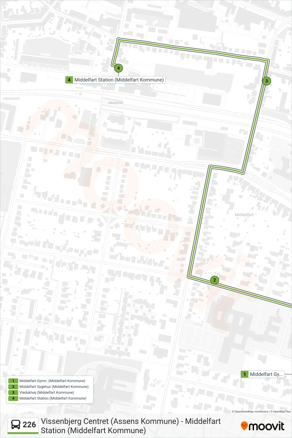 226 bus Linje (Vissenbjerg) rute og stop på et kort