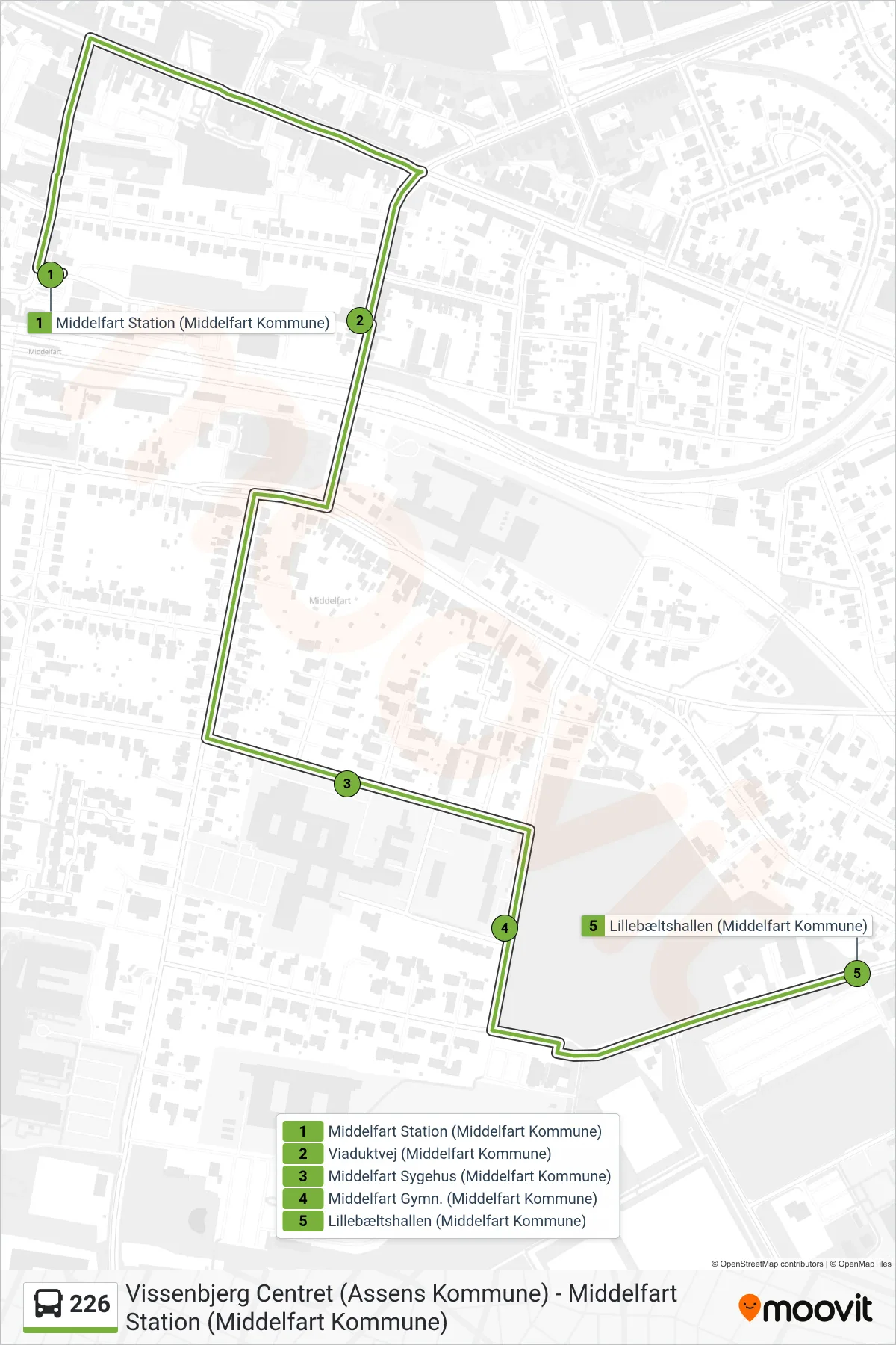 226 bus Linje (Middelfart Gymnasium) rute og stop på et kort