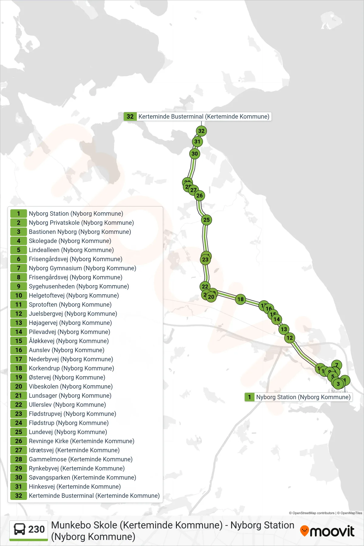 230 bus Linje (Kerteminde) rute og stop på et kort