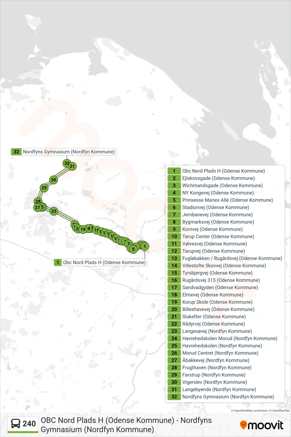 240 bus Linje (Nordfyns Gymnasium) rute og stop på et kort