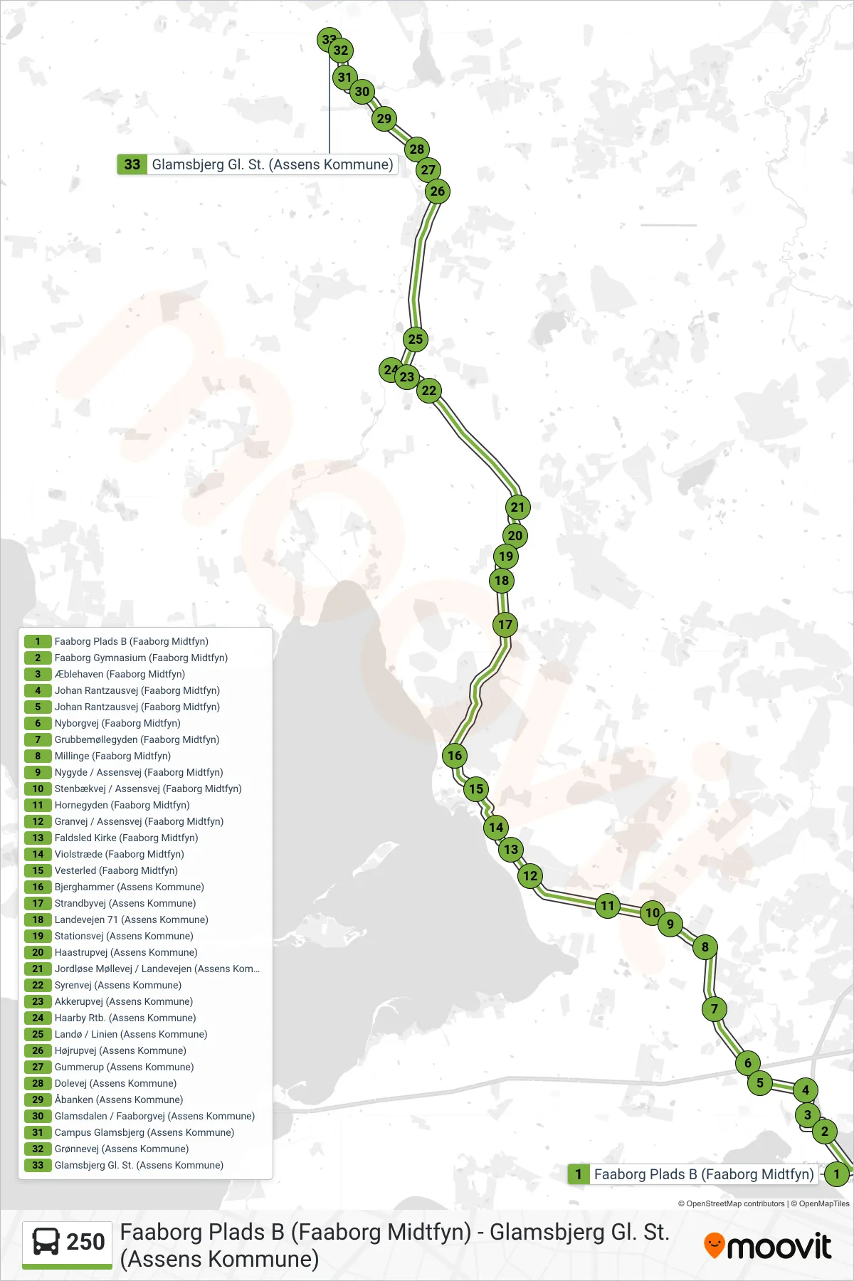 250 bus Linje (Glamsbjerg) rute og stop på et kort