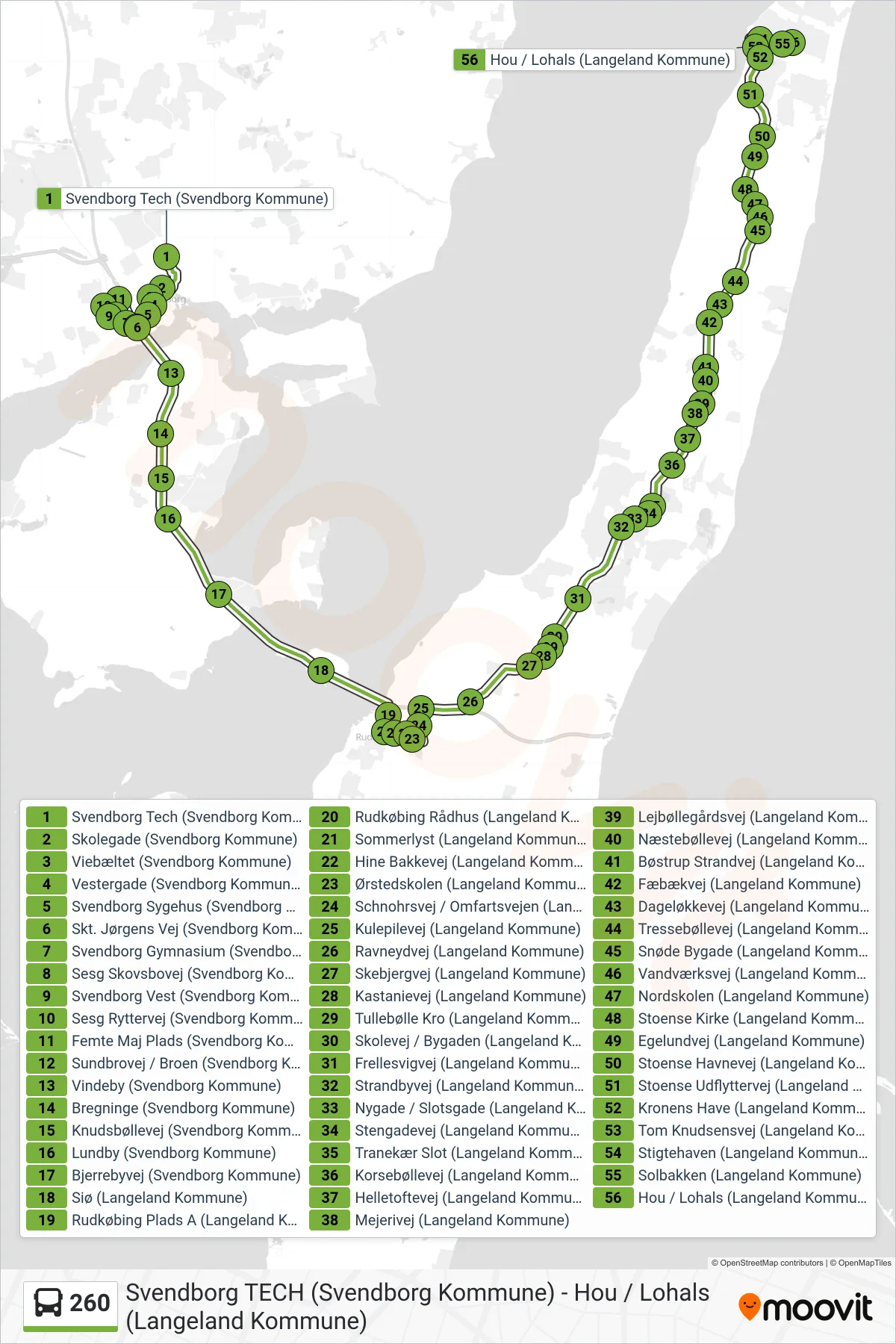 260 bus Linje (Lohals) rute og stop på et kort