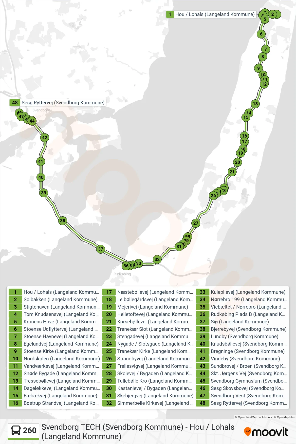 260 bus Line (Svendborg Vest) route and stops on a map
