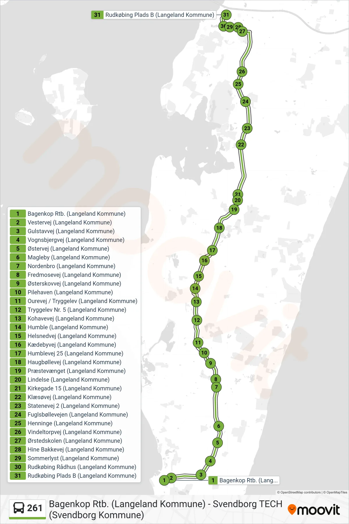 261 bus Linje (Rudkøbing) rute og stop på et kort