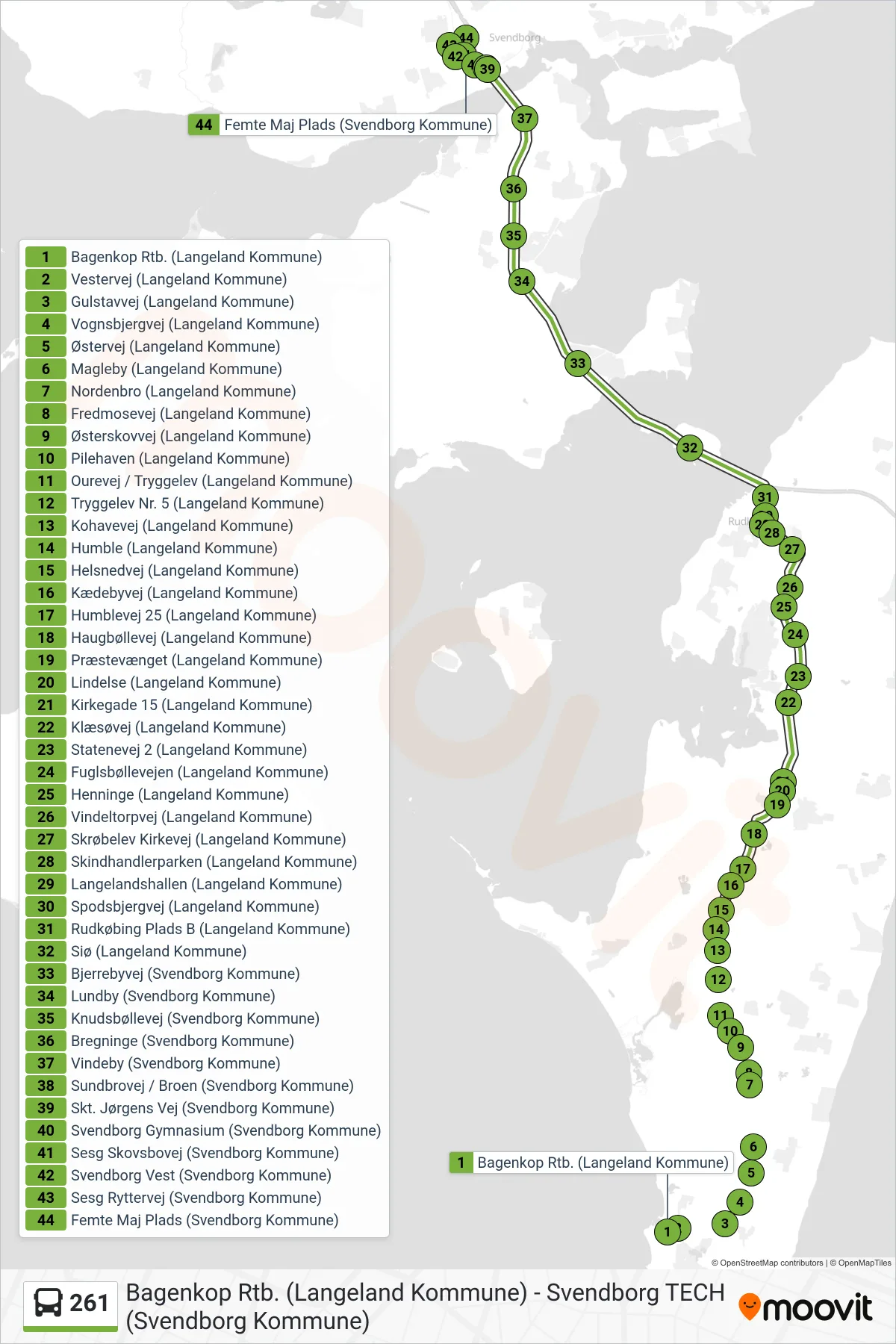 261 bus Linje (Svendborg Vest) rute og stop på et kort