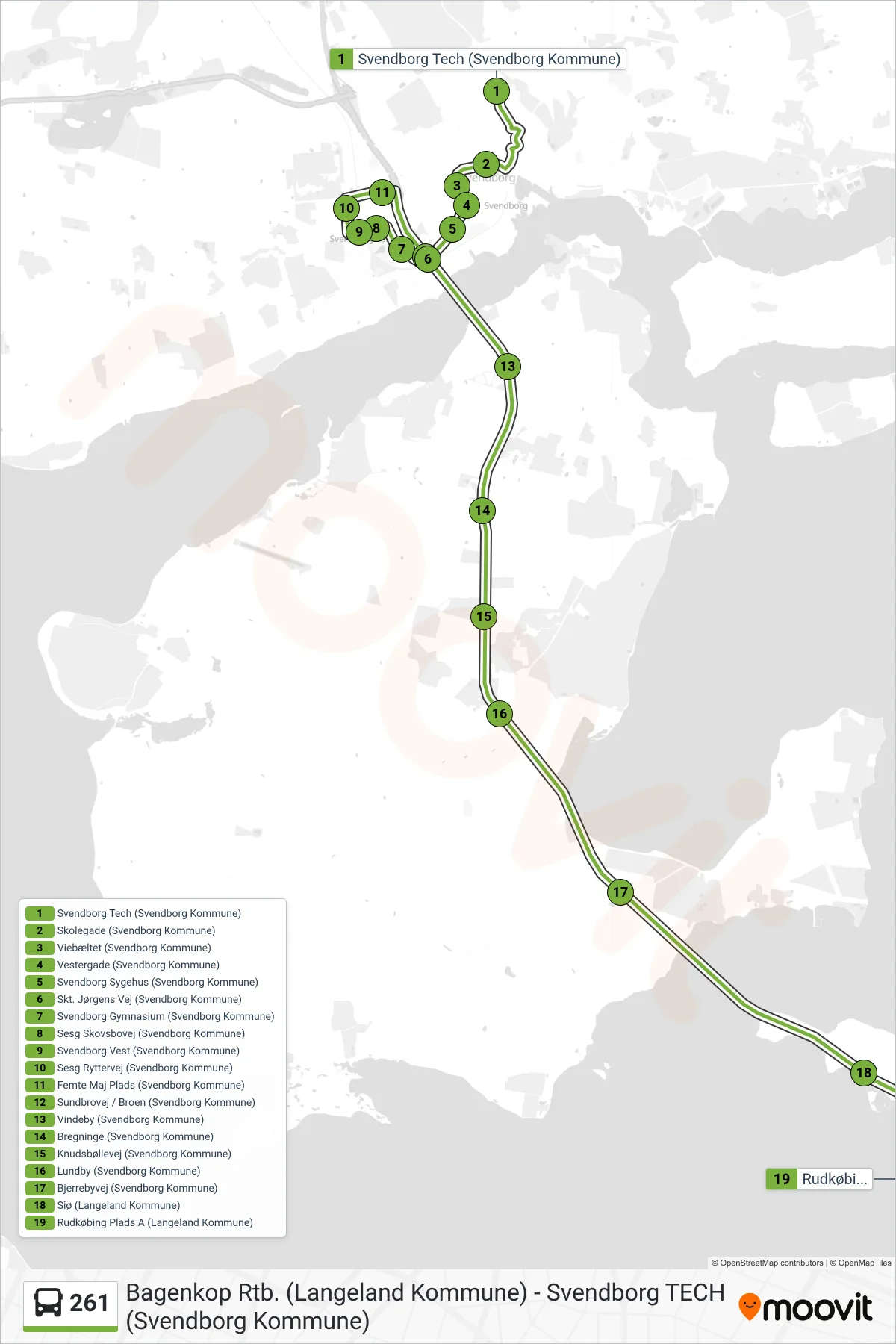 261 bus Linje (Rudkøbing) rute og stop på et kort