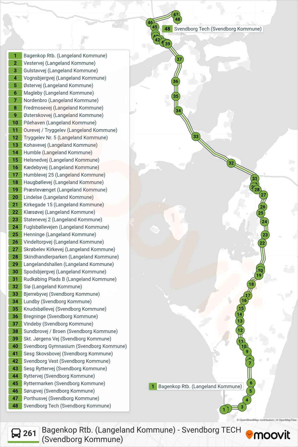 261 bus Linje (Porthusvej) rute og stop på et kort