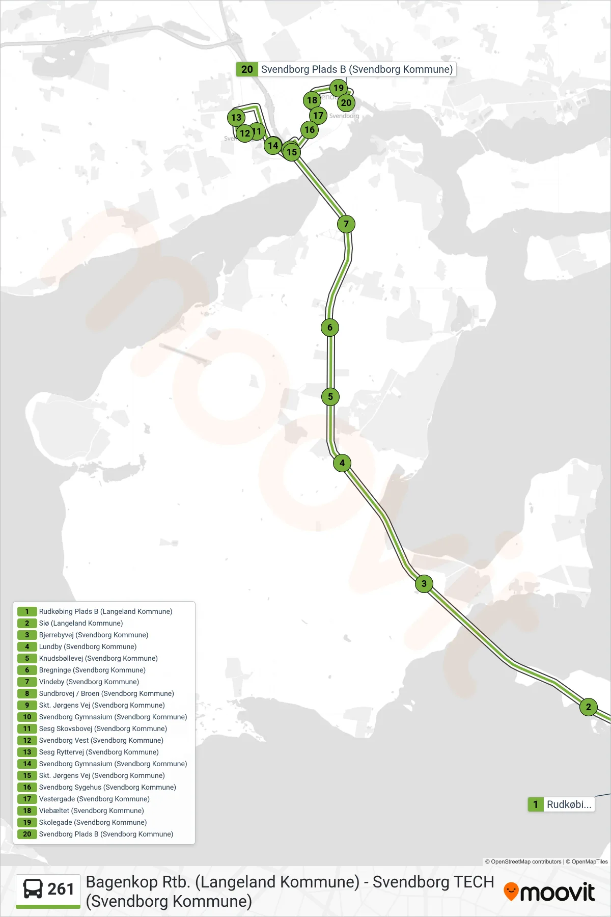 261 bus Linje (Svendborg Plads B) rute og stop på et kort