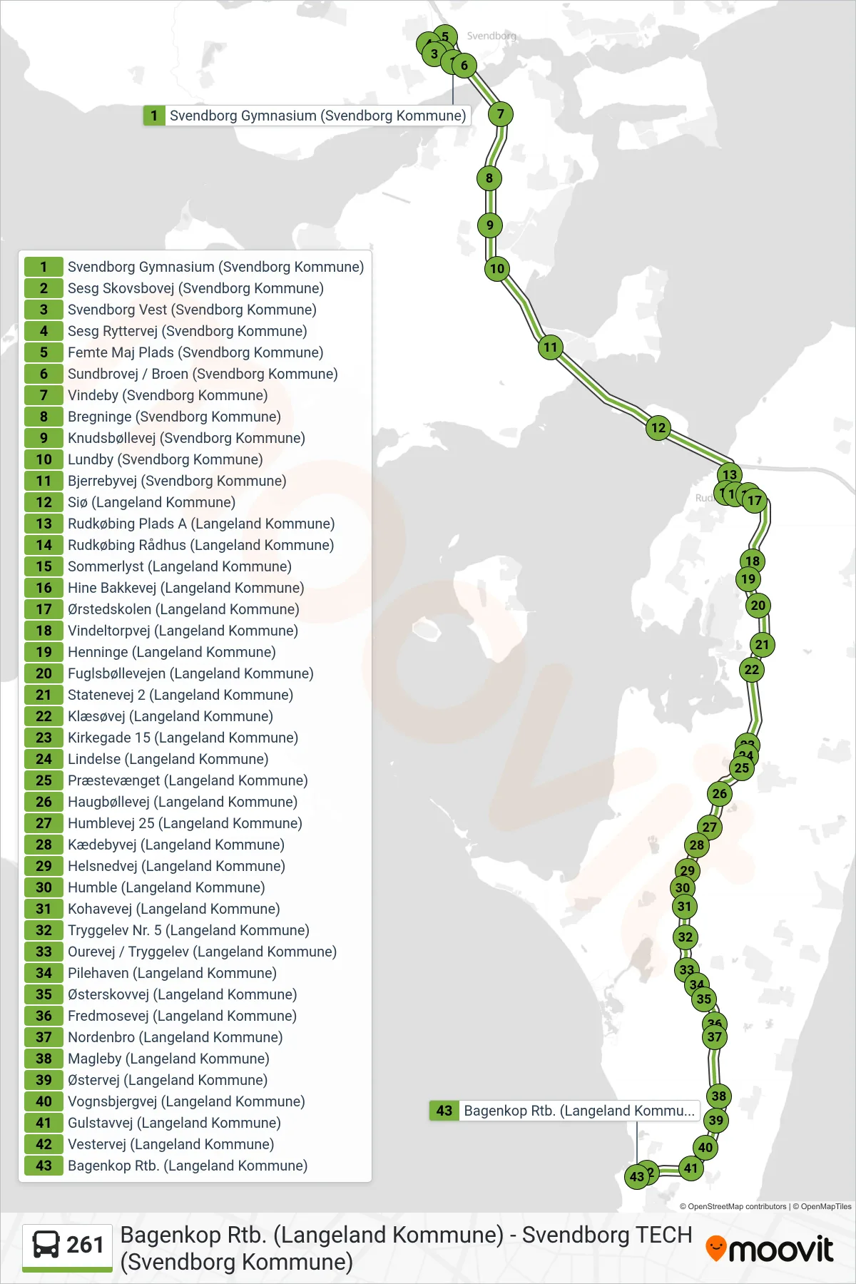 261 bus Linje (Bagenkop) rute og stop på et kort